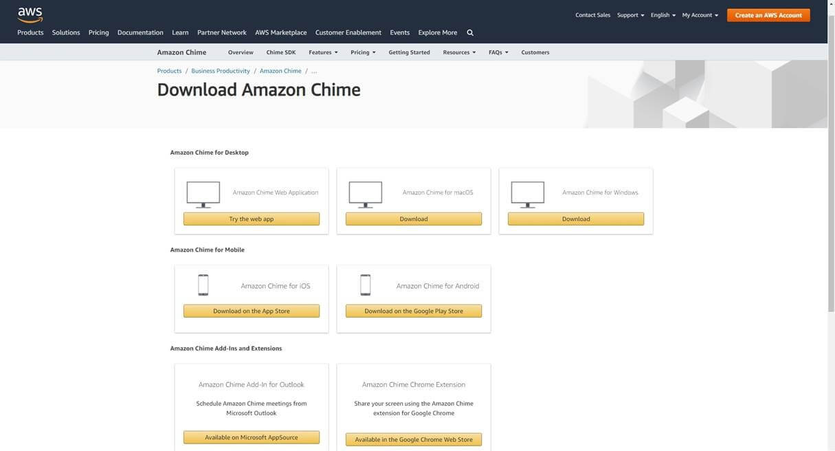 1.	下載並安裝Amazon Chime - https://aws.amazon.com/tw/chime/download/ 選擇適合您裝置版本的應用程式，或是以Web app方式開啟