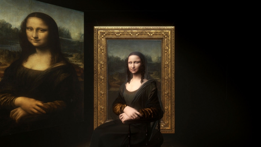 巴黎羅浮宮策畫了《李奧納多・達文西》回顧展，而《蒙娜麗莎－越界視野》為羅浮宮首次運用虛擬實境技術於展覽之中，並以此做為回顧展中的焦點。（圖片來源：emissive.fr）